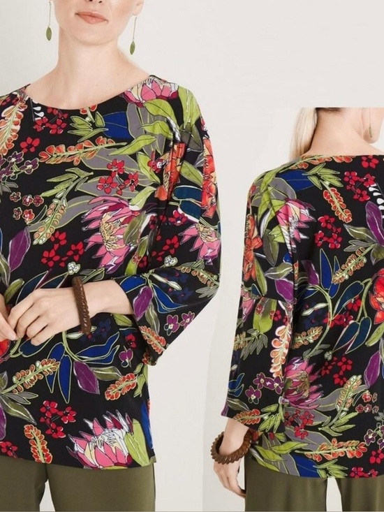 Chico's Tops - Chico’s Women's Black Floral V-Neck Tunic Top Slinky Gorgeous